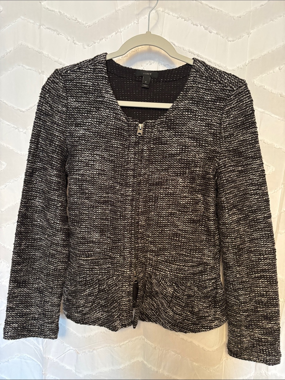 J. Crew Black and White Marled Zip-Front Crewneck Sweater Jacket
